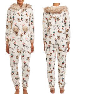 Womens Holiday Time CHRISTIMAS DOGS Hooded Union Suit 1 pc Pajamas Medium